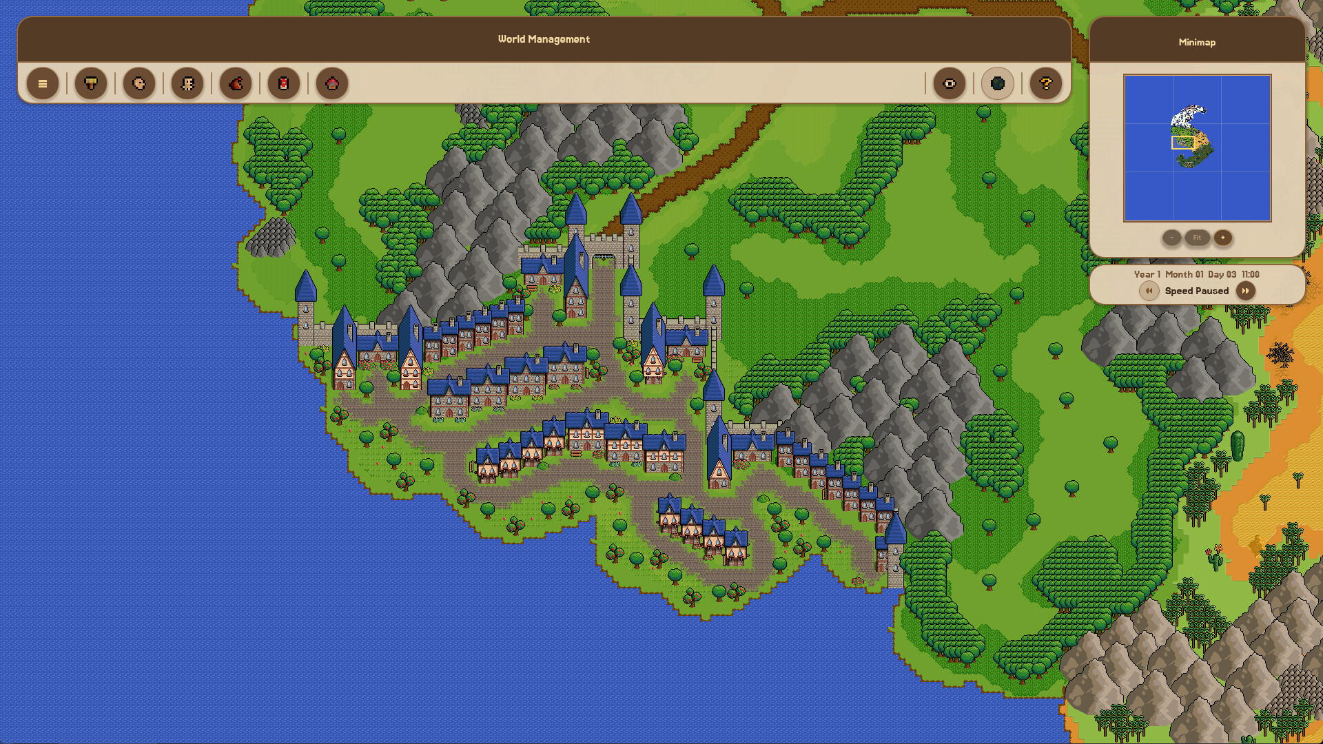 Official world scene showing a coastal settlement with blue-roofed houses and castles