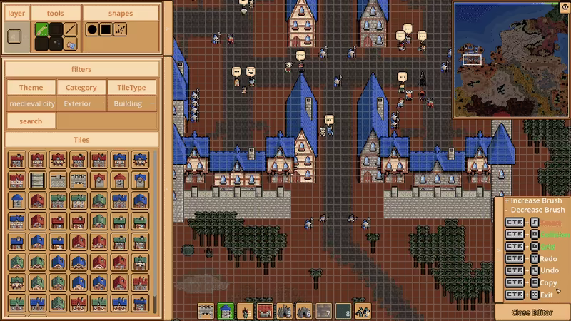 Official exterior-building editing preview, with building tiles at left and blue-roofed castles on the canvas