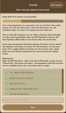 Demo housing tutorial task with all requirements checked, 7/7 House POIs and the Next button