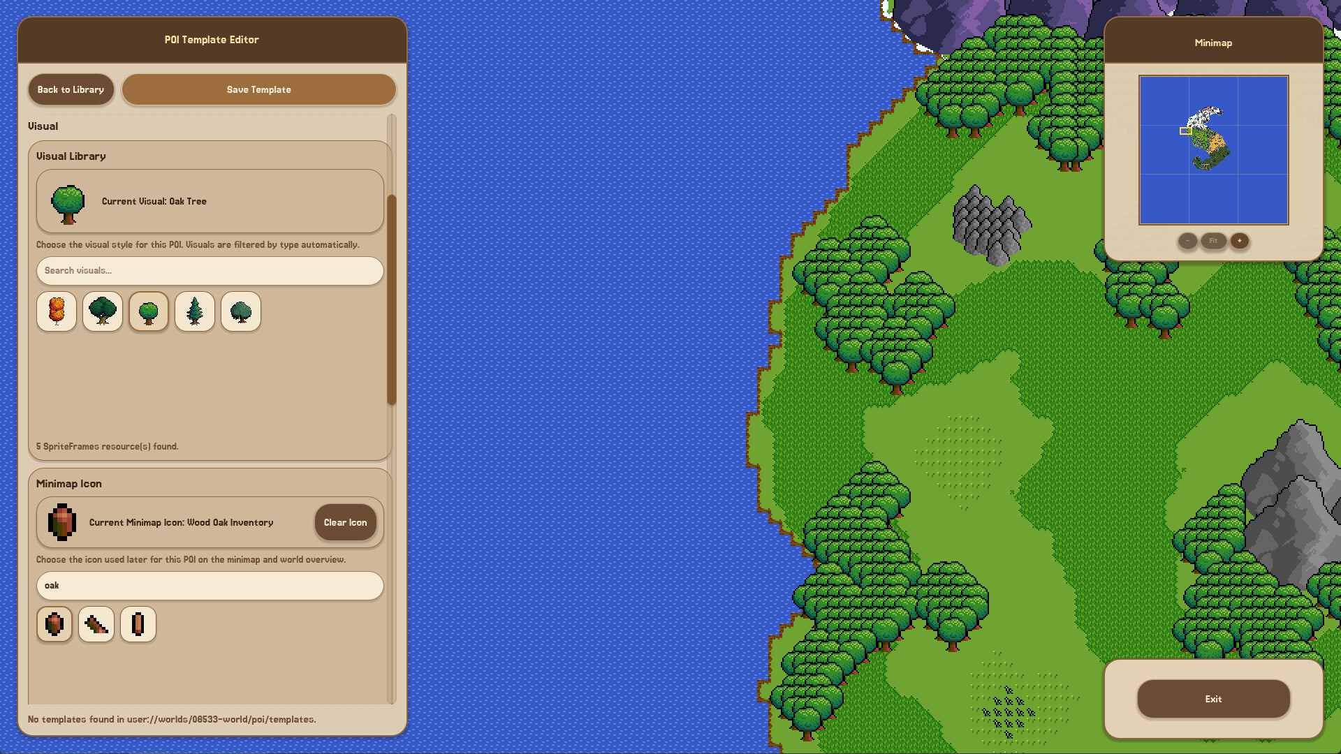 Detail of the POI Template Editor title and Visual Library, with Current Visual: Oak Tree